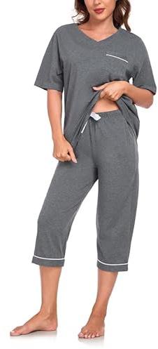 COLORFULLEAF - Pigiama da donna in cotone modal, a maniche corte, 2 pezzi, con scollo a V, top e pantaloni 3/4, biancheria da notte, A-grigio scuro., XL