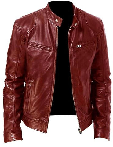 SWJGLITTR - Chaqueta de cuero para hombre, ajustada, para motocicleta, con cremallera, cortavientos, de piel sintética, ligera, estilo vintage, para motociclista, rosso, M