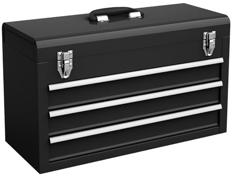 COSTWAY Werkzeugkiste Metall, Werkzeugkasten mit 3 Schubladen & oberem Fach, Werkzeugbox Werkzeugkoffer 52 x 21 x 30 cm (Schwarz)
