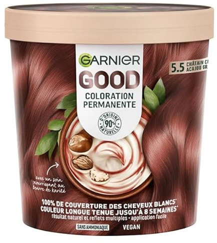 Garnier - Coloration Permanente - Sans Ammoniaque - 90% d'Ingrédients d'Origine Naturelle - Formule Vegan - Beurre de Karité - 100% Couverture Cheveux Blancs - Châtain Clair Acajou Griotte (5.5)- Good