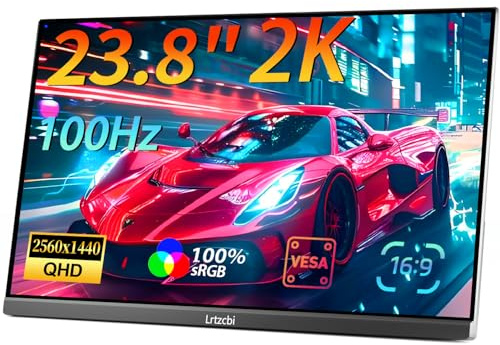 Lrtzcbi Monitor portátil 2K de 23,8 Pulgadas y 100 Hz, Pantalla IPS QHD 2560x1440 para Videojuegos, USB-C HDMI para Ordenador portátil, PC, Mac, teléfono, PS4/5, Xbox, Monitor de Viaje con Altavoces