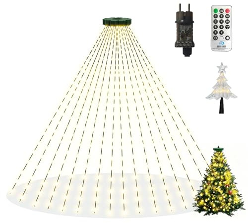 DANGZW 2M Catena Luminosa per Albero di Natale con Anello, 300LED x 10 fili per Alberi da 1,5-2,4M, IP65 Impermeabili, 8 Modalità Illuminazione Natalizia Interna per Esterni/Interni - Bianco Caldo