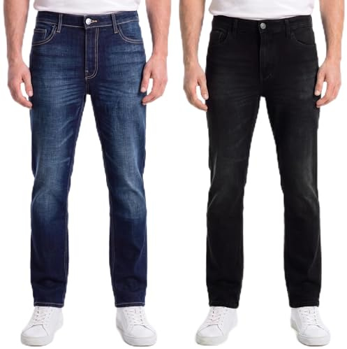 SMITH & JONES Men's Regular Fit Stretch Jeans 2 Pack - Classic Straight Leg Denim Trousers with 5 Pockets, Zip Fly, Comfortable Cotton Rich Work & Casual Pants for Men, Black & Blue