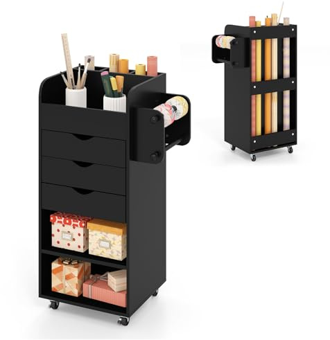 COSTWAY 3 Drawers Mobile File Cabinet, Lateral Storage Chest (Black) | 3 Shelves, 3 Slots, 2 Hanging Rods and Wheels, Home Office Printer Stand Side Filing Cupboard