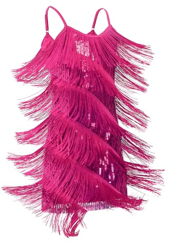 EFOGEP Girls Latin Dance Sequin Fringe Flapper Dress Hot Pink 10-11 Y