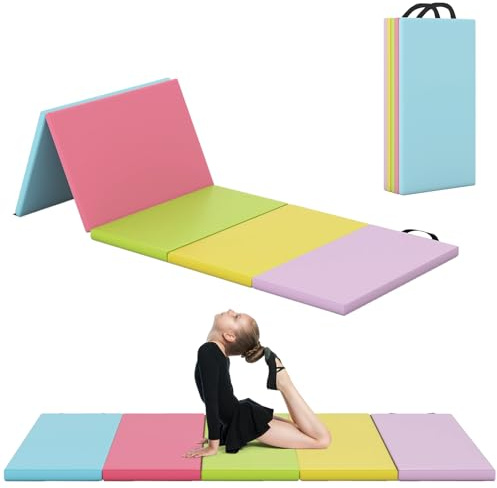 FANTASK Klappbare Weichbodenmatte, 200 x 75cm, Fitnessmatte aus PU 5 fach faltbar, Gymnastikmatte mit Tragegriff, Spielmatte, Sportmatte zuhause für Kinder Erwachsene, Macaron