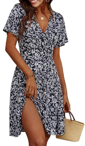 Cicy Bell Dam blommig sommarklänning A-linje mididress med v-ringad omlott kortärmad ledig strand festklänningar