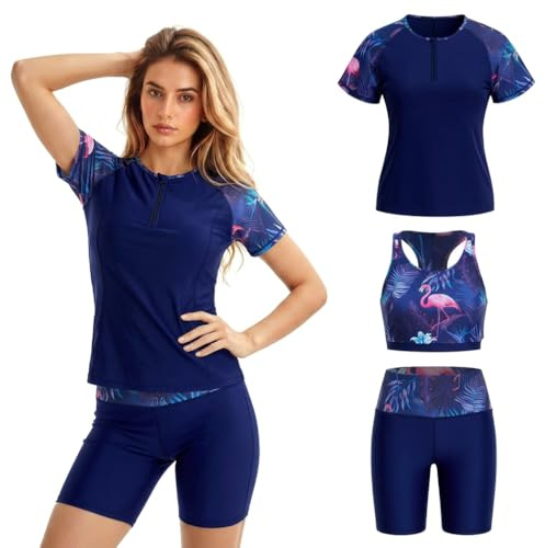 Owntop Conjunto de traje de baño de 3 piezas para mujer, con protección solar UPF 50+, camiseta de manga corta con sujetador incorporado y braguita con pantalones cortos de natación hasta la rodilla