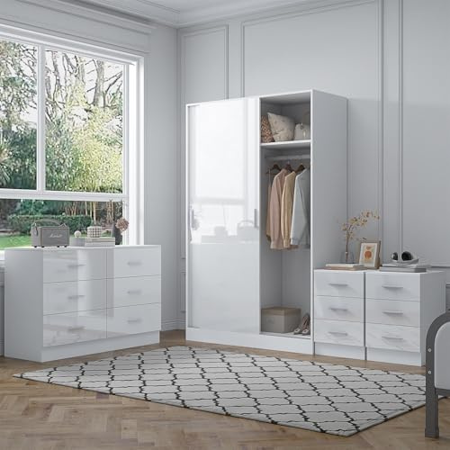 Reflect 2 Door Sliding Wardrobe, 6 Drawer Wide Chest, 2x 3 Drawer Bedside Tables | White Gloss & Matt White Finish | Modern Bedroom Furniture Set