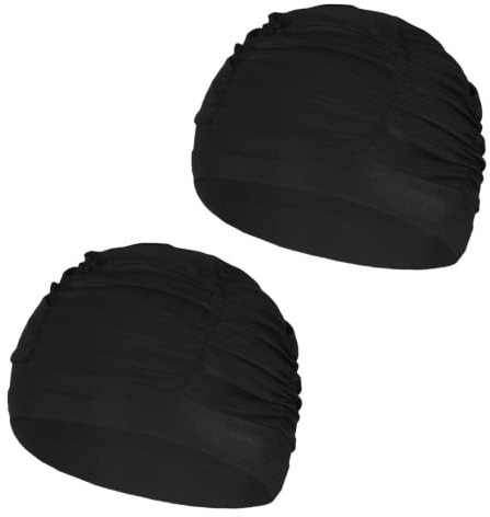 2 Pièces Bonnet de Bain Noir Plissé, Bonnet de Natation Élastique Tissu pour Cheveux Longs, Extensible 32.5-70cm, Femme Homme