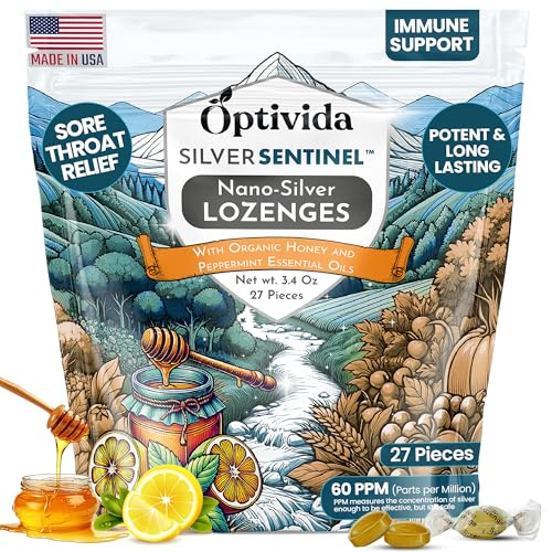 OPTIVIDA Nano Colloidal Silver Lozenges 60 PPM - Organic Cough Drops for Adults & Kids - Natural Honey Sore Throat Lozenges for Immune Support - Soothing Lemon Lozenges, Non GMO, Gluten Free - 27ct