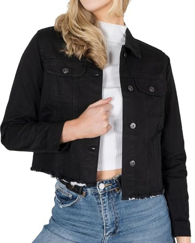 NOROZE Women's Denim Jacket Cropped Denim Jacket Women Ripped Self Fabric Distressed Hem Casual Jean Coat (14, Black)