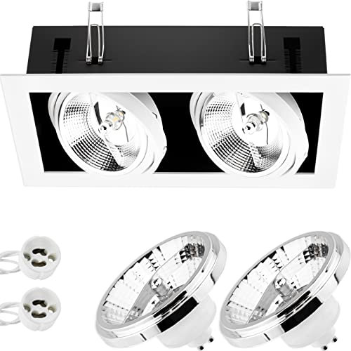 Lumiled Einbaustrahler Einbauleuchte Deckenlampe Spot Deckenstrahler Strahler schwenkbar Downlight rechteckig weiß inkl. 2x LED-Leuchtmittel ES111 GU10 Fassung 15 W Neutralweiß 4000K Aluminium