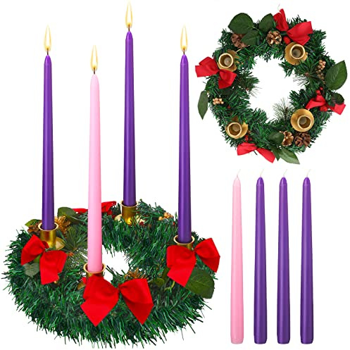 Dingion 12 Inch Christmas Advent Wreath Advent Candle Holder with 4 Taper Candles Remote Control Christmas Centerpiece Decorations for Table Indoor Home Church(Red Series)