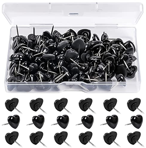 100pcs Push Pins, Plastic Pushpins Black Push Pins Heart Shaped Cute Thumb Tacks Decorative for Home School Office Notice Board Cork Board 0.47inch