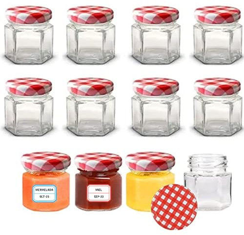 Awiku 12 Tarros Pequeños de Cristal Hexagonales con Tapa Hermética de 45ml - Tarritos para miel, mermelada - Frascos Pequeños - Botes de Vidrio Resistentes y Estancos - Incluye Etiquetas
