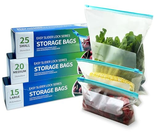 60 piezas Bolsas para congelador de almacenamiento de alimentos,bolsas reutilizables selladas con cremallera inteligente con fondo expandible,bolsas de almacenamiento de alimentos sin BPA (3 tamaños)