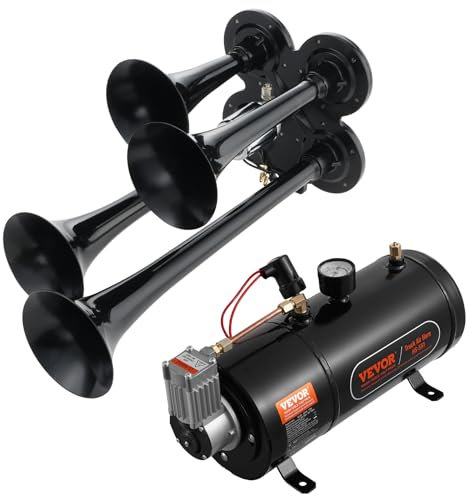 VEVOR Zughupen-Set, 4 Trompeten-Lufthupen-Set, 150 dB Zughupen für Pickup-Trucks, 12 V 120 psi Luftkompressor, 3 L Tank mit Manometer für jedes 12 V Fahrzeug, Auto, LKW, Zug, Van, Boot usw. Schwarz