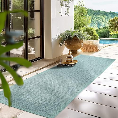 HomebyHome Outdoor-Teppich Flachgewebe Wetterfest Einfarbig Blau Küchenteppich, Balkon Terrassen Garten Wohnzimmer Teppich 80 x 150 cm