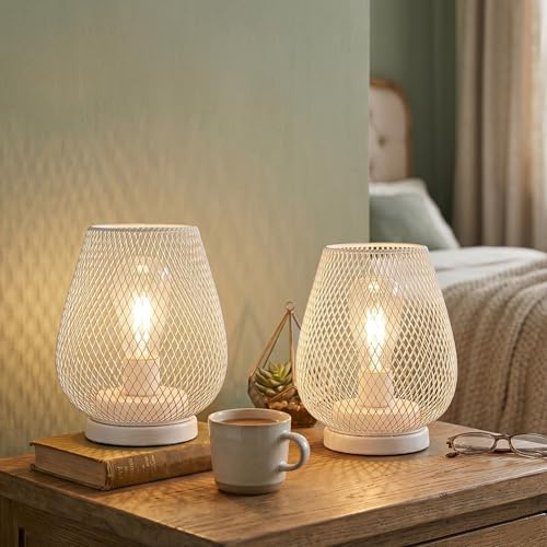 JHY DESIGN Set of 2 Metal Cage Table Lamp Battery Powered LED Lanterns Cordless Accent Light with Great for Weddings Parties Patio Events for Indoors Outdoors(White)