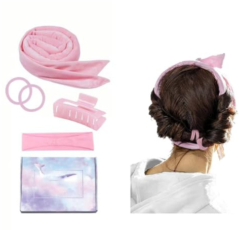LATRAT Bigoudis bouclés sans chaleur - Kit de coiffure pour cheveux moyens et longs, pince à cheveux et chouchous - Cadeau pour filles et femmes (rose, taille unique)