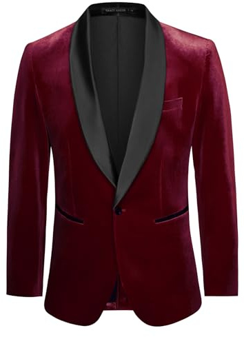 GRACE KARIN Blazers för män sammet sjal krage en knapp smal passform kostym jacka för bröllop bal fest, vin, S