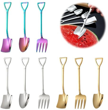 Edelstahl Spatenlöffel Mini Schaufel Löffel Spatenlöffel Teelöffel Kreativer Schaufelform Lang Spatenlöffel Schaufelförmiger Kreativer Schaufelnetz Roter Löffel Edelstahl-Kuchen-Fruchtgabel 9 Stücke