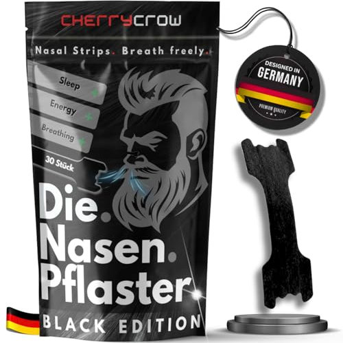 CherryCrow - Die Nasenpflaster | (30 Stück) Premium Schwarz Nasal Strips für besseres Atmen 100% Hautverträgliche Pflaster - Leistungsfähigkeit und besserer Schlaf Sport Anti Schnarchen Streifen