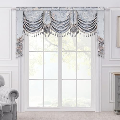 TOPLUXE Swag Valance for Windows, Jacquard Waterfall Short Curtain with Tassels for Bedroom Living Room Kitchen Decoration, Rod Pocket (Width 200cm, Blue Grey)