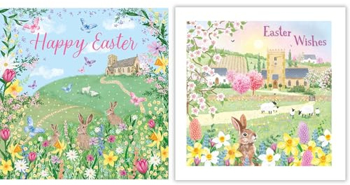 Noel Tatt Easter Greeting Cards Pack of 6 - Happy Easter Cards with 2 Assorted Spring Countryside Designs - Church, Rabbits and Lambs - General Multipack for Family, Friends and Children - 127 x 127mm