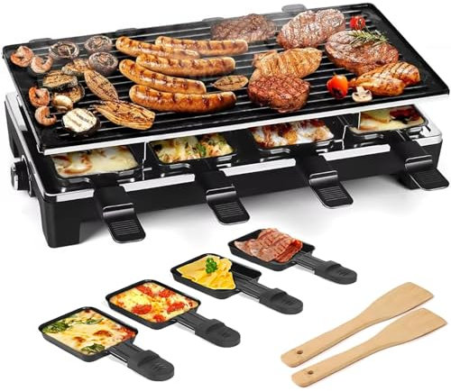 2-i-1 Raclette baksten, 8 personer non-stick beläggning elektrisk grill, raclette festgrill, 1500W justerbar temperatur elektrisk rökfri BBQ grill, med 8 ostpannor och 2 spatlar