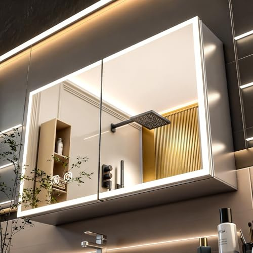 Mutital Badezimmer spiegelschrank mit Beleuchtung 80x14.5x60cm Aluminium Spiegelschrank Bad mit LED, 80 cm Breit Doppeltür Badschrank mit Spiegel und Ablage,Hängeschrank,Berührung Sensorschalter