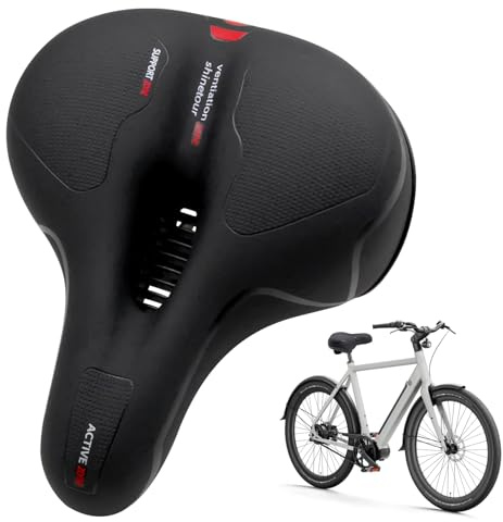 Sella Bici Comoda Ammortizzata Con Doppie Sfere Antiurto, Sellino Bicicletta Largo In Pelle Antiscivolo A Nido D’Ape Con Foro Centrale Ventilato Per MTB E Bici Da Strada, Colore Nero Rosso