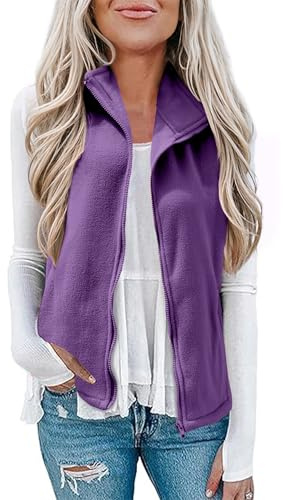 EFFAN Chaleco de forro polar para mujer, chaqueta suave sin mangas, chaleco con bolsillos con cremallera para primavera y otoño, Morado (, S