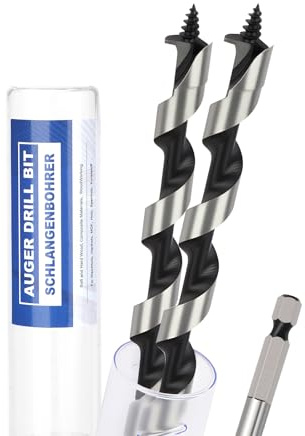 2 punte per trapano a serpente, 10 mm x 600 mm, con punta filettata autocentrante e codolo esagonale da 6,35 mm, per legno