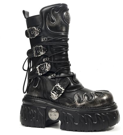 Songella Botas Punk Góticas de Plataforma para Mujer con Diseño de Llamas, Hebillas Metálicas Cremallera Lateral – Estilo Biker Rock de Suela Gruesa Negro Plata, 41 EU