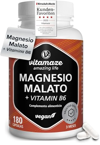 Malato de Magnesio con Vitamina B6. 180 Cápsulas Veganas, 3 Meses de Suministro. Para la Energía y la Función Muscular, Sin Aditivos, Vitamaze