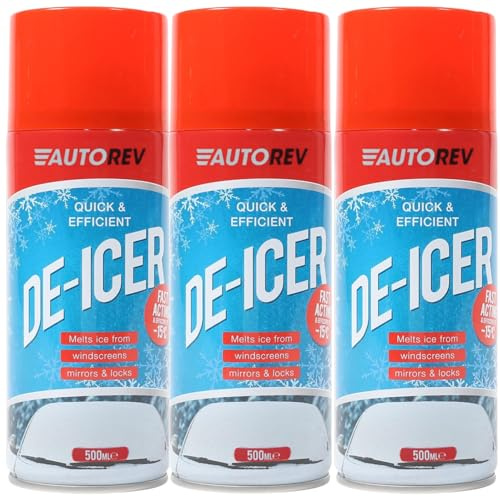 Auto Rev 500ml De-Icer Cars Spray Rapid Ice & Frost Remover for Windscreens, Side Windows, Mirrors & Locks, Works Down -15°C – Strong Winter Vehicle De-Icing Solution for Fast, Clear, Safe Driving x3