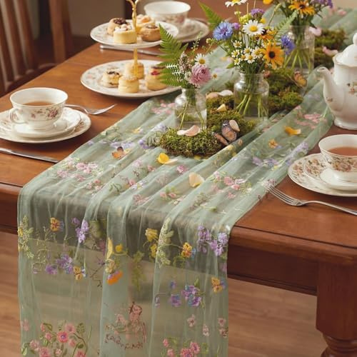75x300CM Camino De Mesa Flores, Camino De Mesa Tul, Decoracion Cocina con Bordado, para Fiestas, Bodas, Cumpleaños, Verde