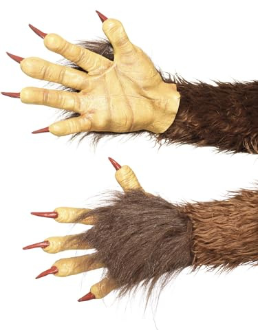 Smiffys Beast Krampus Demon Gloves, Brown – Latex Monster Hands with Faux Fur and Clawed Fingertips, Realistic Demon or Beast Costume Accessory for Adults, Christmas Halloween Fancy Dress