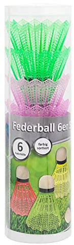 Idena 40466 - Volano in plastica con punta in schiuma, 6 pezzi, colori assortiti, in scatola di trasporto rotonda, accessori di ricambio per ogni gioco di badminton