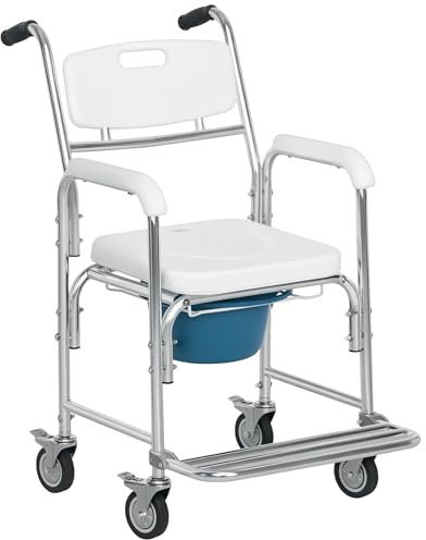 HOMCOM 3-in-1 Shower Commode Wheelchair, FSA/HSA Eligible Transport Beside Commode Chair, Waterproof Rolling Over Toilet Chair 330 lbs. Weight Capacity with Padded Seat, White