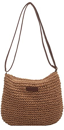 Korgväska, crossbody-väska, sommar, strandväska, halm, stor med dragkedja, halm, handväska, damer, axelväska, handgjord vävd halmväska med läder, axelrem för strand, resor, shopping, kaki