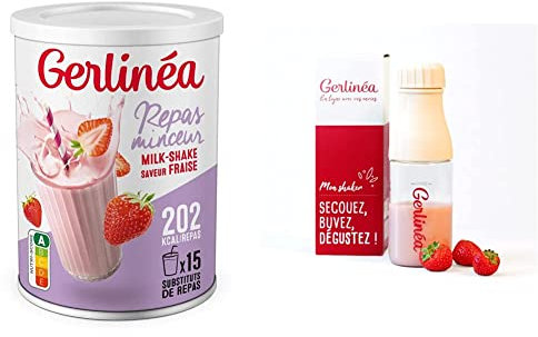 Gerlinéa Boisson Milkshake goût Fraise + Shaker, Substituts de repas riche en protéines Poudre à reconstituer contient 15 repas, Shaker inclus