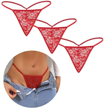 comeondear G-string string för kvinnor, chic underkläder, damkläder, plusstorlek, tanga-trosor, spets, stretch, trosor, låg midja, underkläder, stringtrosa, T-bak, set med 3, Färg: röd, XL