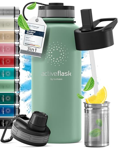 Vattenflaska i Rostfritt Stål, Isolerad ACTIVE FLASK + 3 Drycker Lock och Sugrör, Läckagesäker & BPA-fri | Vakuumisolerade - 12h Varm/24h Kall | Termos Dricksflaska Thermoflaska Sport Camping Gym | Vakuumisolerad läckagesäker BPA-fri dricksflaska dubbelvägg varm kall termos utomhus mugg te kaffe sport gym cykel
