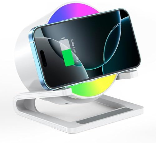 Qoosea 15W Cargador Inalámbrico con Altavoz Bluetooth de Luz Nocturna, Qi Wireless Charger con Lámpara RGB de Control Táctil Junto a la Cama, Soporte para Teléfono para iPhone Samsung Google