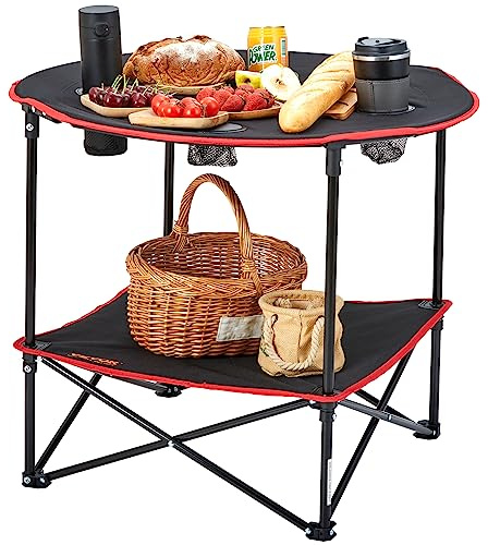 VEVOR Klapptisch Campingtisch 720x720x610 mm, Zusammenklappbarer Gartentisch 2-lagiger Balkontisch Mehrzwecktisch mit 4 Getränkehaltern 25 kg Belastbar Camping Tisch Falttisch Tragbar Oxford-Stoff