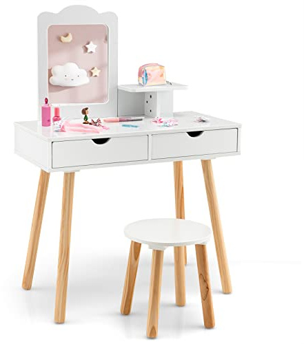 RELAX4LIFE 2 in 1 Toeletta Trucco Bambina con Sgabello, Specchio Staccabile, Set da Trucco con 2 Cassetti, Postazione Trucco per Bambini, 70 x 37 x 100 cm (Bianco)
