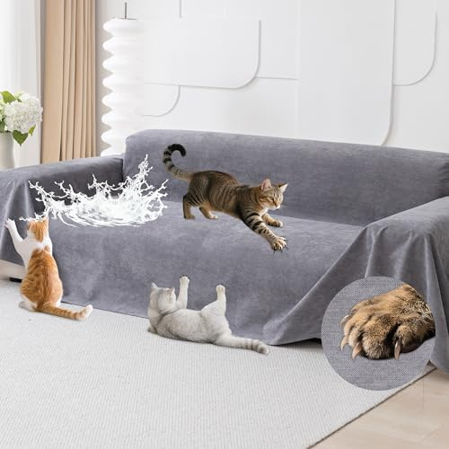 Loiion Fundas de Sofa Anti Gatos, Protector de Sofá para Gato, Funda Impermeable Sofa, Funda Sofa 3 Plazas, Funda Sofa Gatos y Perros Mascotas, Funda Protectora de Sofá Gris 340x180cm